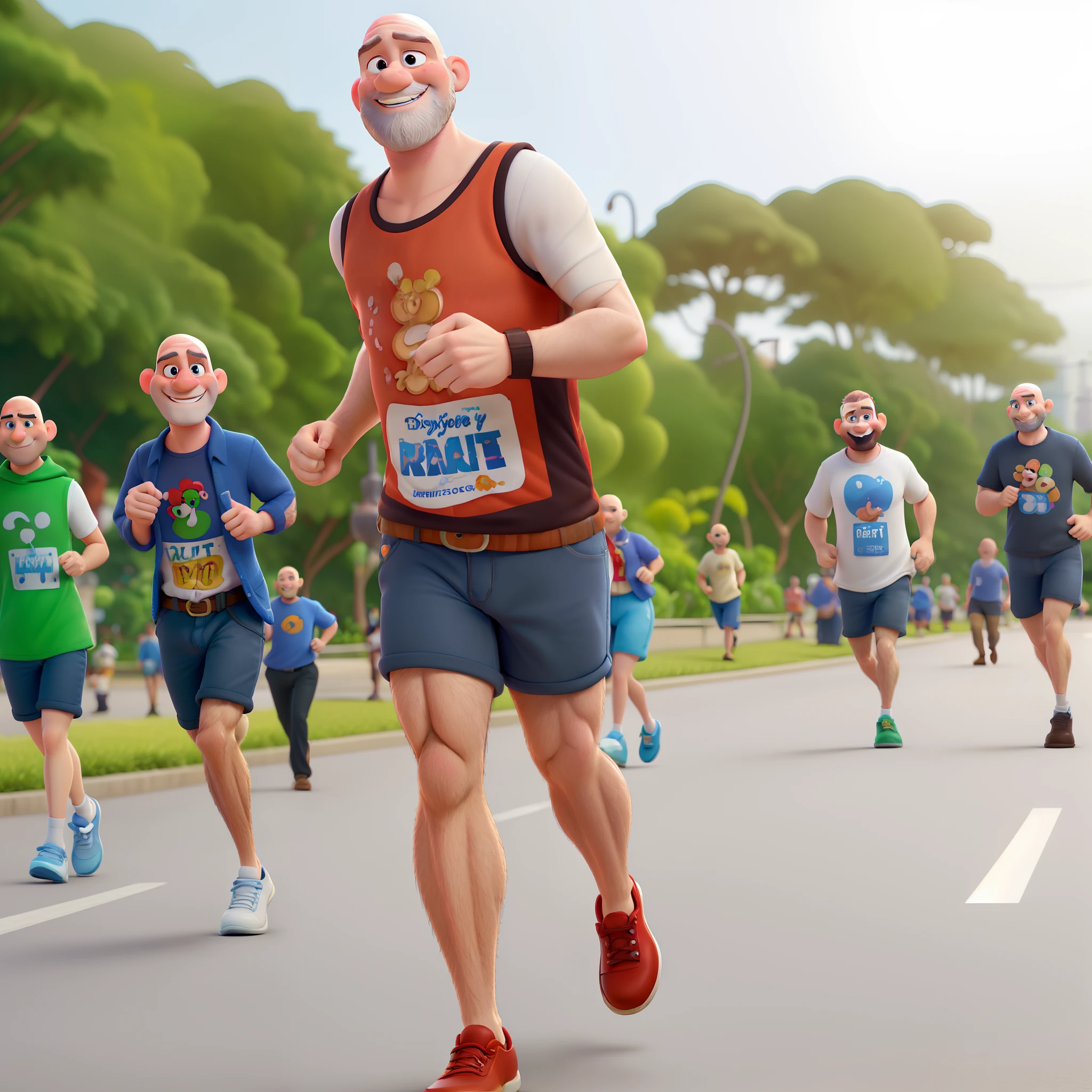 Best quality full hd disney pixar cute. bald man with white beard smiling running in the street at Rio de Janeiro.