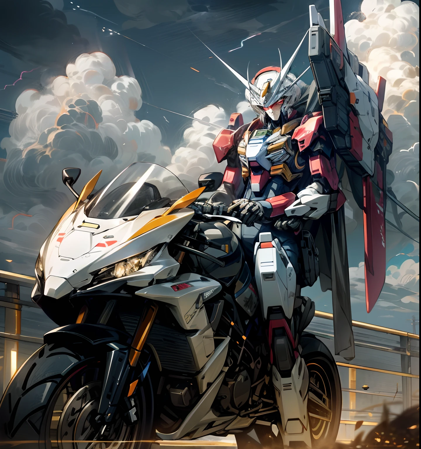 Skysky，​​clouds，lightning，gundam-styled Motorcycle,The waist is recovered，no_humans，with light glowing，buliding，glowing lights，mecha motorcycle，scientific fiction，城市，Realistis，mecha motorcycle