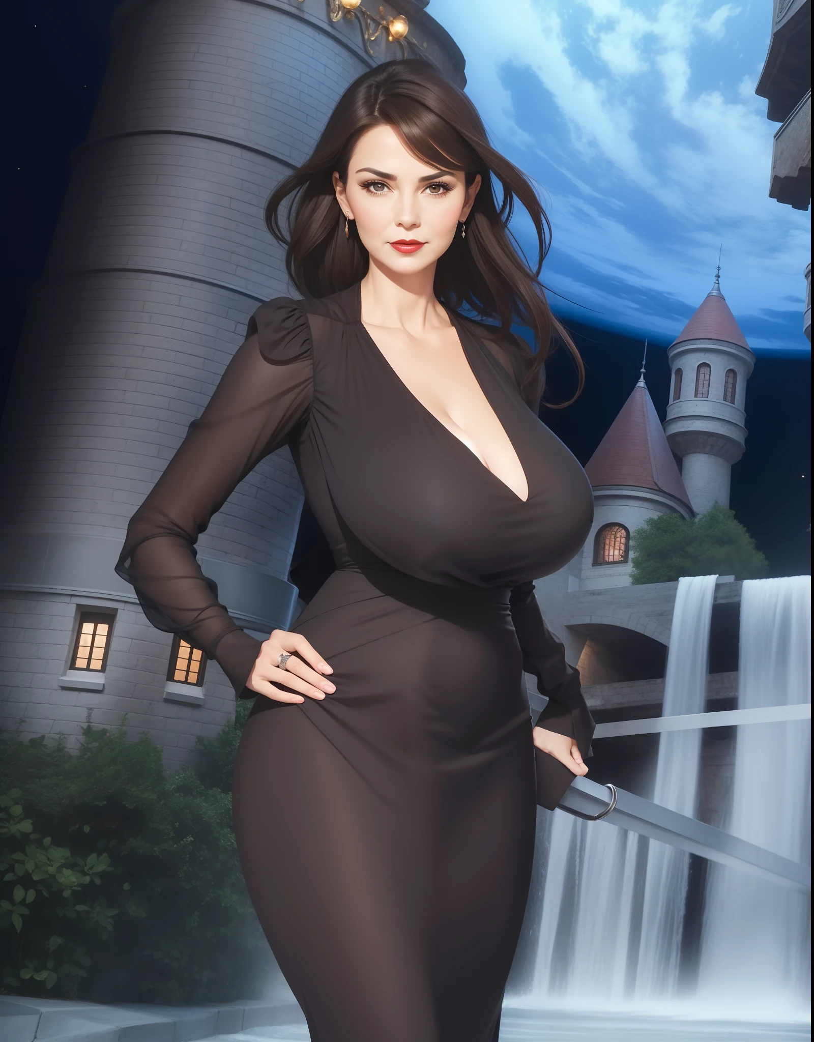 2 heads,Portrait of a 60-year-old woman with short brown hair, a captivating gaze, Brown eyes, Wrinkles on her face, She wears a very sexy black evening dress that reveals big flabby breasts, Light makeup and red lips. 32K