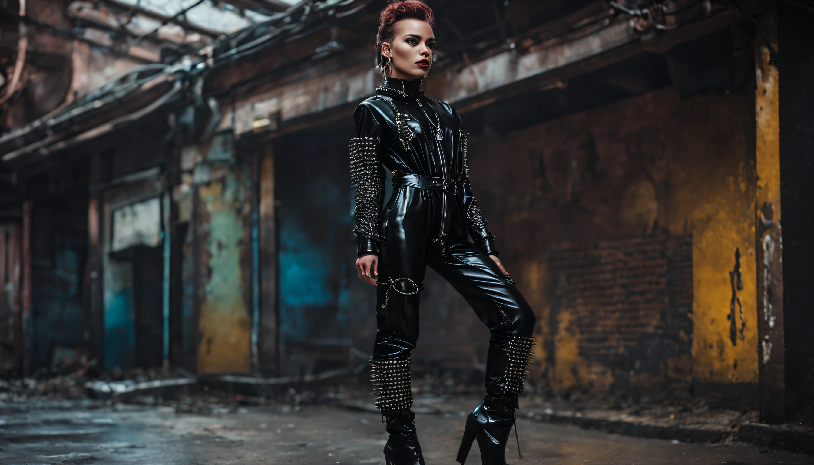 woman wearing a black PVC low-cut jumpsuit High boots chains studs and spikes , style cyberpunk neonpunk