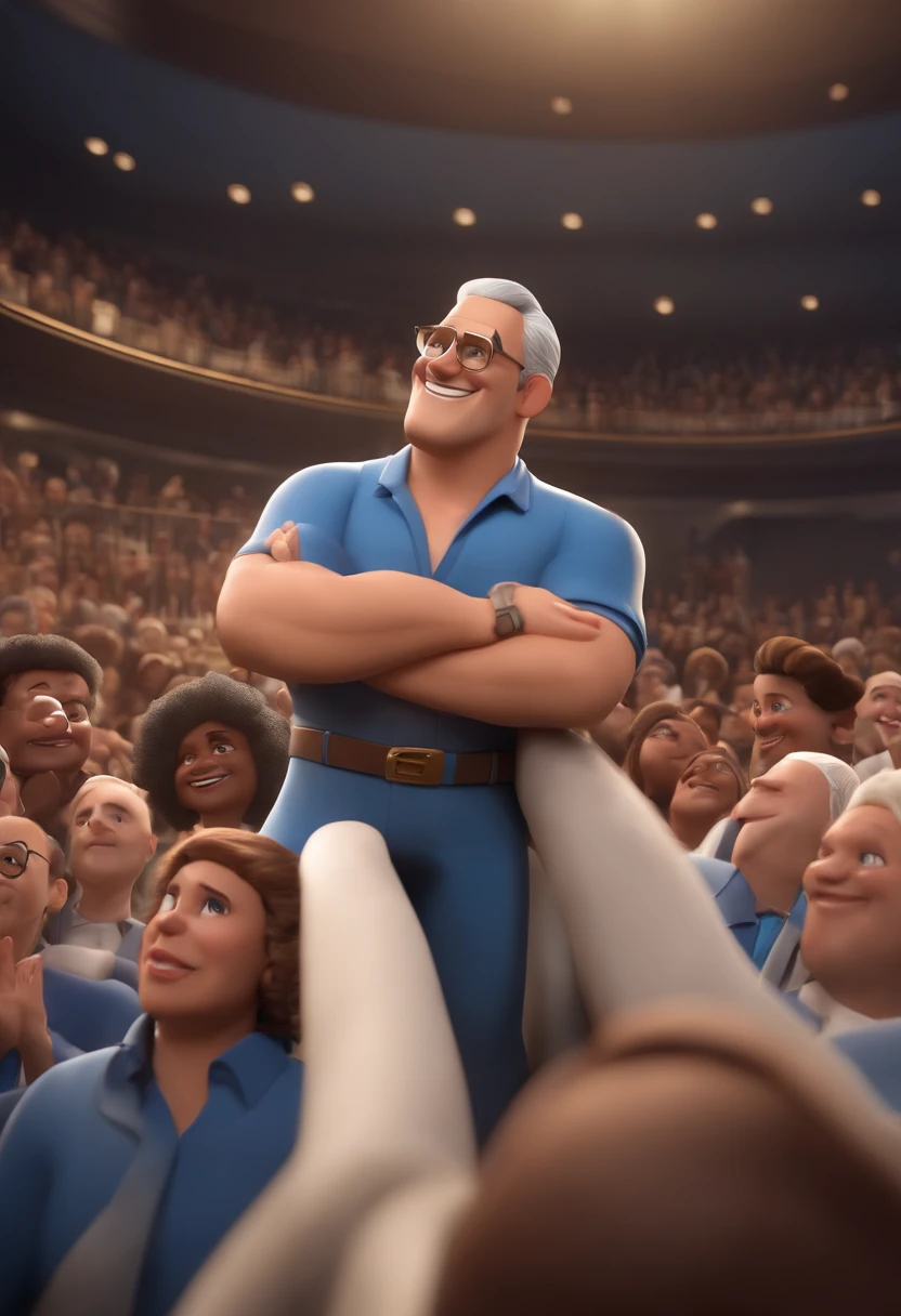 Personagem de desenho animado de um homem de cabelos brancos com um penteado em forma de topete para a direita com 60 anos de idade e camisa azul, com 1,75 de altura, animation character, Caractere estilizado, animation-style rendering, 3D estilizado, render 3D estilizado, toon render keyshot, Personagem 3D, Personagem 3D, 3d rendering stylized, 3D character rendering, personagem de desenho animado, Personagem de close up, Pose de personagem, (Estilo Pixar) (parte mestre:1.2) (Bokeh) (melhor qualidade) (pele detalhada) (textura detalhada) (8k) (Argília) (cinematic lighthing) (Sharp focus araffes in a large room with a crowd of people, muitas pessoas adorando, large crowd, audience in the background, in a large hall, Room is full of people, pessoas apreciando o show, grand hall, enthusiastic crowd, Crowds of people praying, Huge crowd, vista completa da sala, muitas pessoas, massive crowd, large crowd |