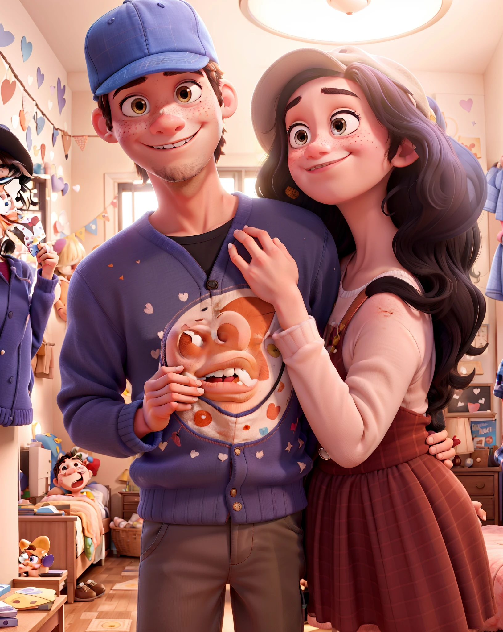 pixar movie poster of a couple of young valentines taking a picture in their room. the girl has black hair and freckles on her face. the boy is using a hat and have a short beard