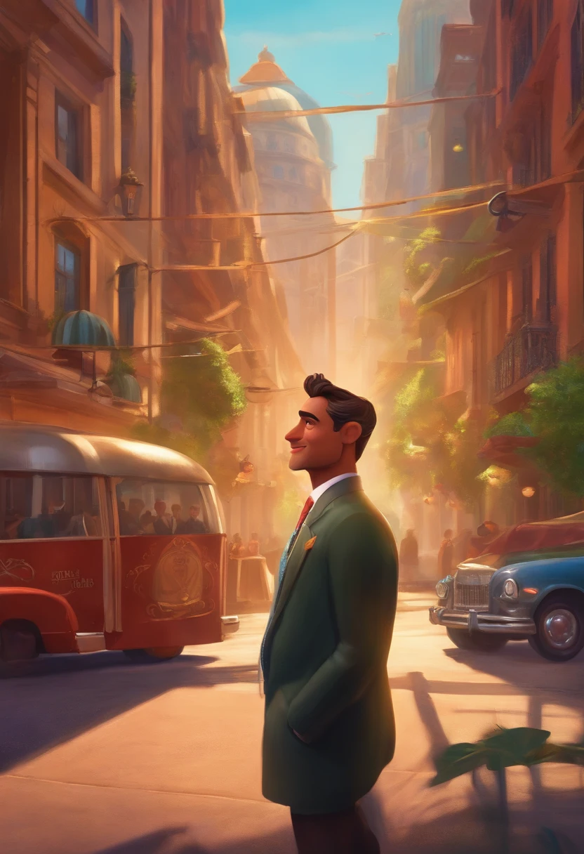 A city councilman looking at a dream project inspired by Pixar animation, de perto. The character takes center stage with captivating facial expressions, oferecendo um toque de irrealidade