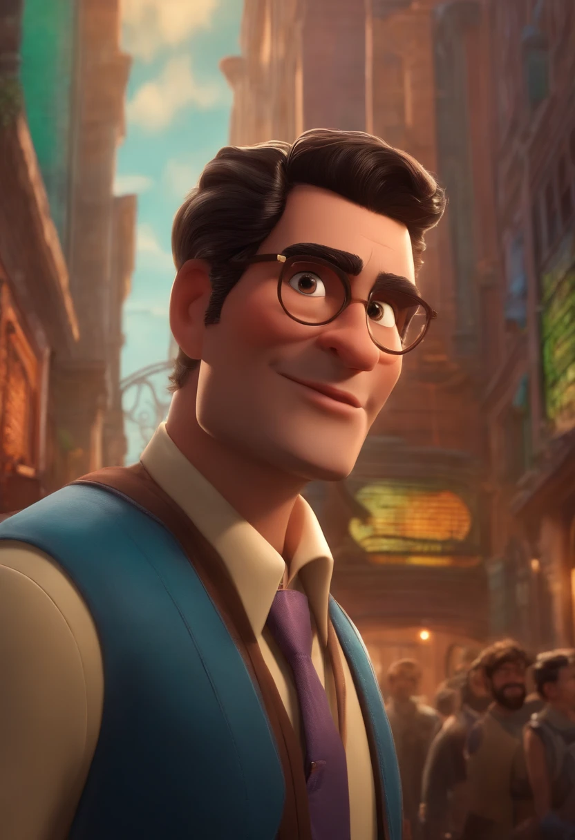 A city councilman looking at a dream project inspired by Pixar animation, de perto. The character takes center stage with captivating facial expressions, oferecendo um toque de irrealidade