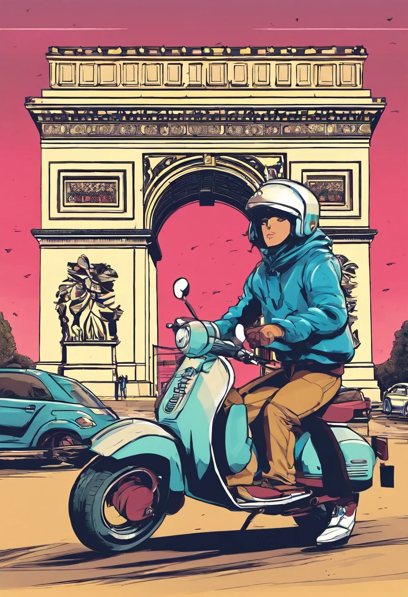 man riding a Vespa berkarat in front of the Arc de Triomphe, pria tersebut memakai hoodie hitam, snapback, 3d animation