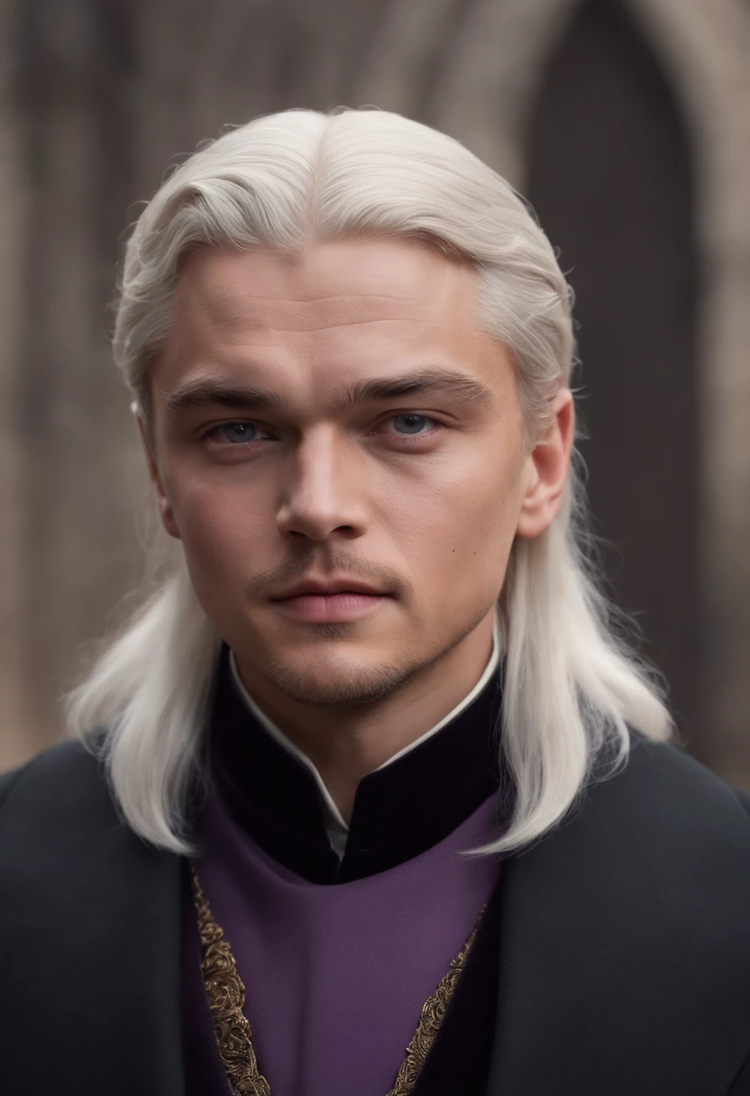 Young Leonardo DiCaprio, 17 years old, prince, with a black overcoat, platinum hair, purple eyes, Targaryen, medieval, ultra realistic, focus