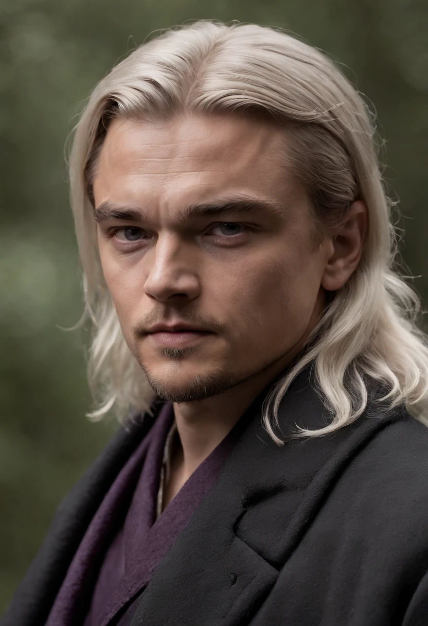 Young Leonardo DiCaprio, 17 years old, prince, with a black overcoat, platinum hair, purple eyes, Targaryen, medieval, ultra realistic, focus