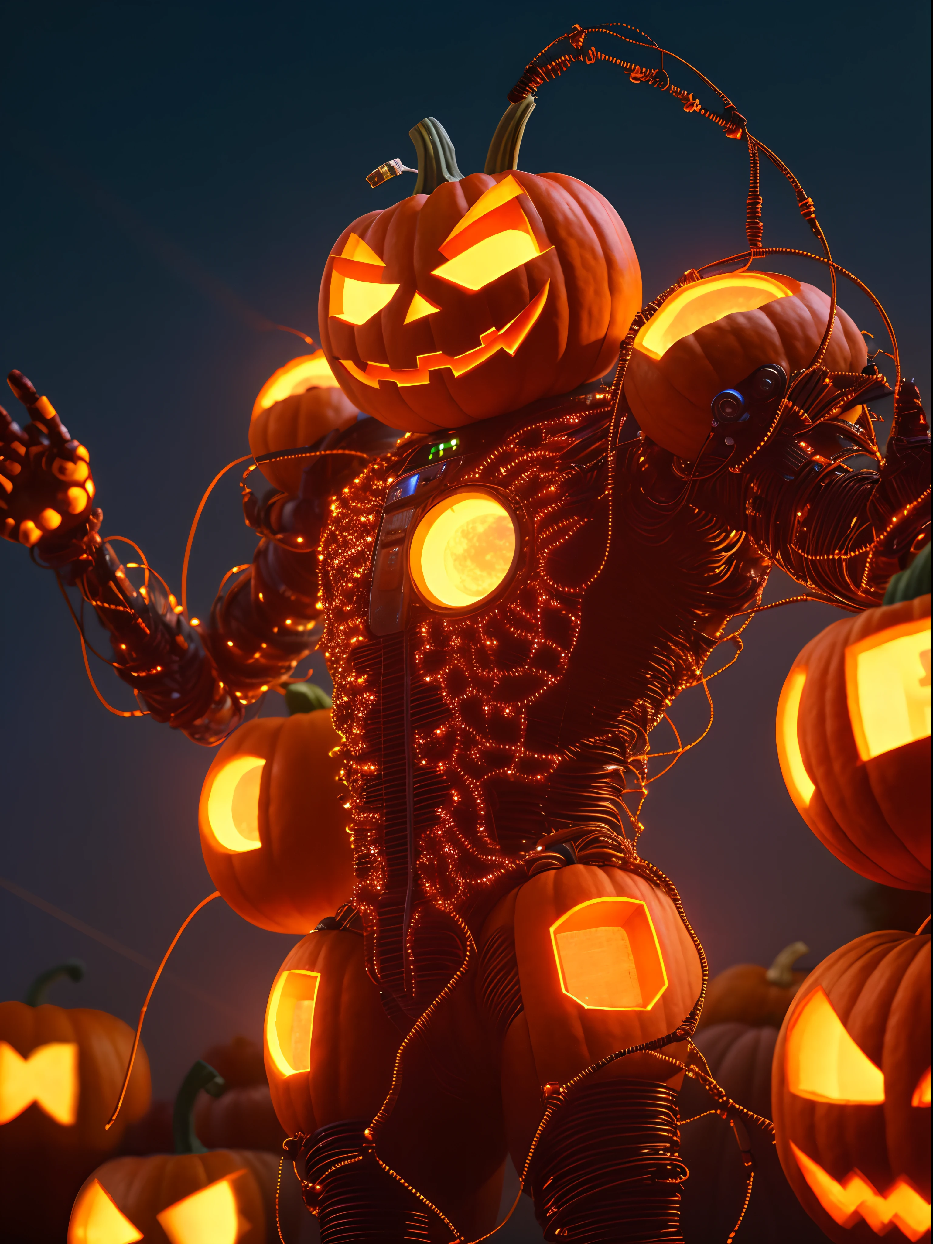 (extremely detailed 8k wallpaper), a medium shot photo of Robotic pumpkin-man, made of wires, very detailed from DC, Halloween theme, Halloween decorations, intricate, high detail, dramatic