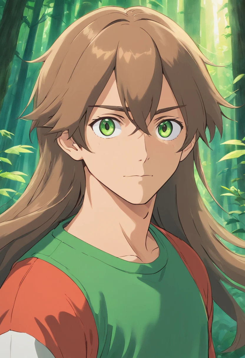 1 homem jovem de olhos verdes, pele branca, LONG light brown hair parted in the middle straight LONG to the shoulder, bigode louro escuro, athletic size
