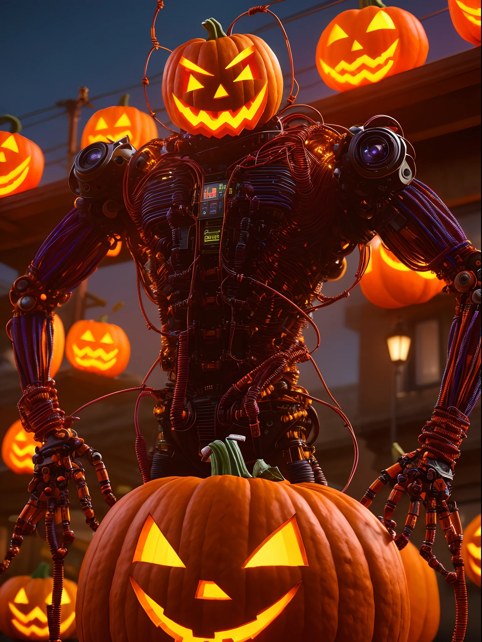 (extremely detailed 8k wallpaper), a medium shot photo of Robotic pumpkin-man, made of steal metal and colourful wires, very detailed from DC, Halloween theme, Halloween decorations, scary, intricate, high detail, dramatic