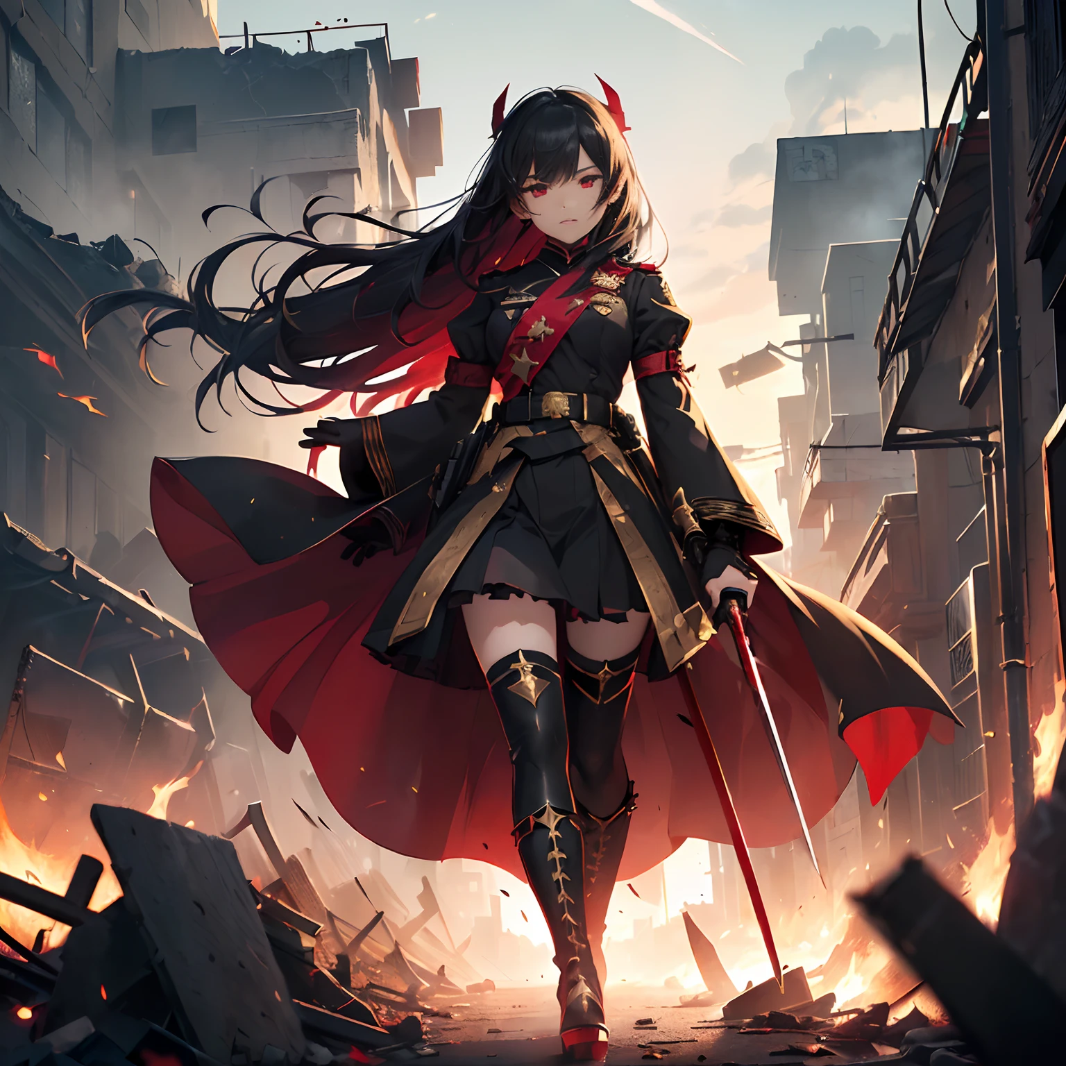 reality,Ravaged city, piles of rubble, brick buildings, one girl (18 years old, black long hair, slit, glaring, red eyes, shining eyes, delicate face, Lolita like military uniform (black base, red insert, gold decoration, frills, wide sleeves, dainty, delicate details) black long gloves, knee high boots (black, high heels (black, high heels, soles of feet red)) holding military sword in right hand (single edge, black, Japanese sword, blood extinguisher), sheath of military sword in left hand (black, gold decoration, delicate detailing), night, stars, rising flames and smoke
