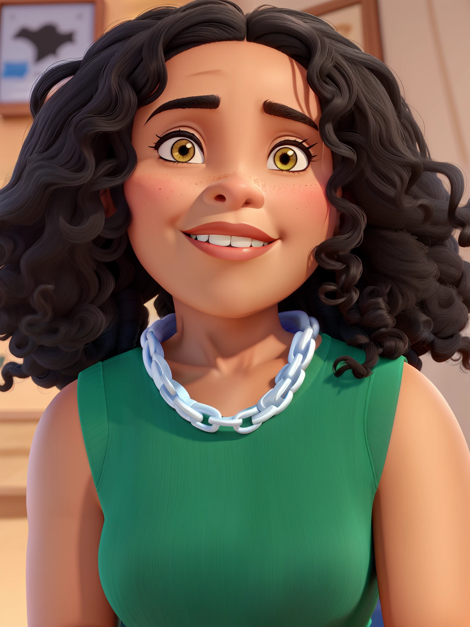 Uma mulher negra com cabelo cacheado, olhos escuros, pele negra no estilo Disney pixar, alta qualidade, melhor qualidade