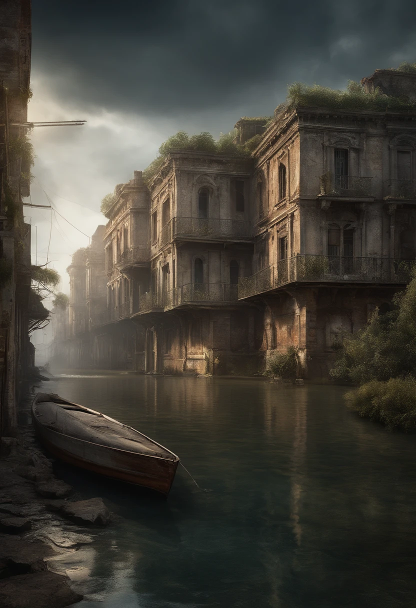 Create a post-apocalyptic scenario where water flooded the earth, with few trees and many structures and buildings. Add high-resolution detail, as abandoned buildings, rachaduras na estrutura, faulty electrical installations, and poor lighting. A cena deve ter um tom misterioso e sombrio, with water elements and ruins, high resolution, hiper detalhado, add vessels used as cities, cidades de navios, 8k, muita qualidade