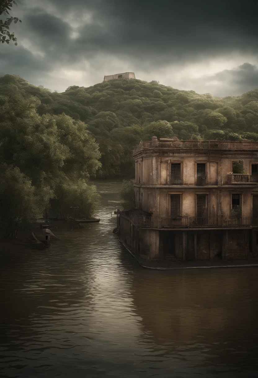 Create a post-apocalyptic scenario where water flooded the earth, with few trees and many structures and buildings. Add high-resolution detail, as abandoned buildings, rachaduras na estrutura, faulty electrical installations, and poor lighting. A cena deve ter um tom misterioso e sombrio, with water elements and ruins, high resolution, hiper detalhado, add vessels used as cities, cidades de navios, 8k, muita qualidade