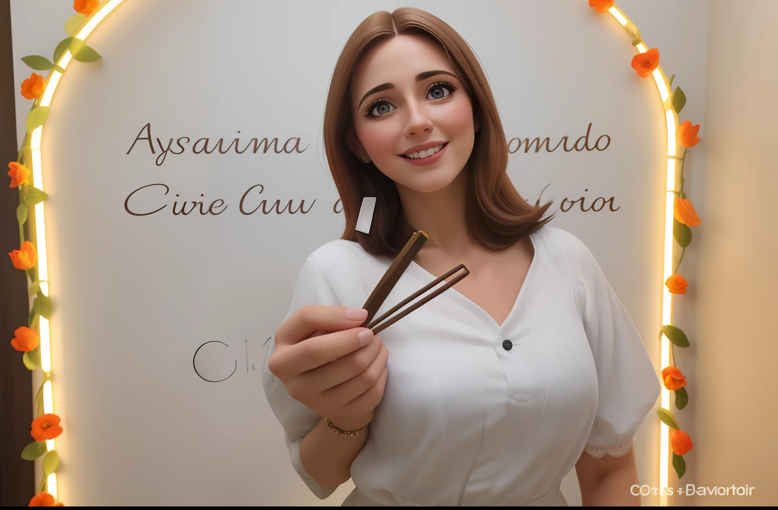 Uma mulher de 30 anos, com cabelos castanhos curtos, Rosto redondo, rosto redondo com sorriso encantador, e olhos castanhos