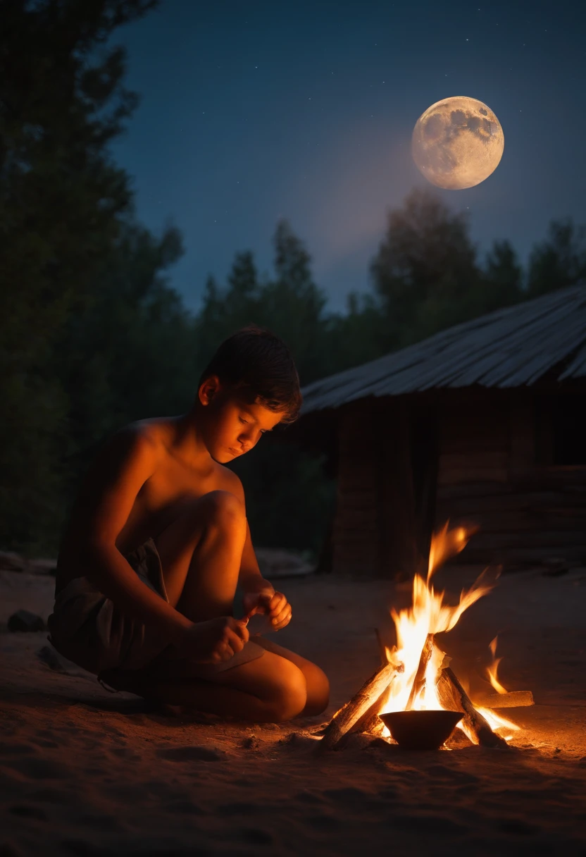 Boy making fire on the surface of the Moon in front of a rustic hut