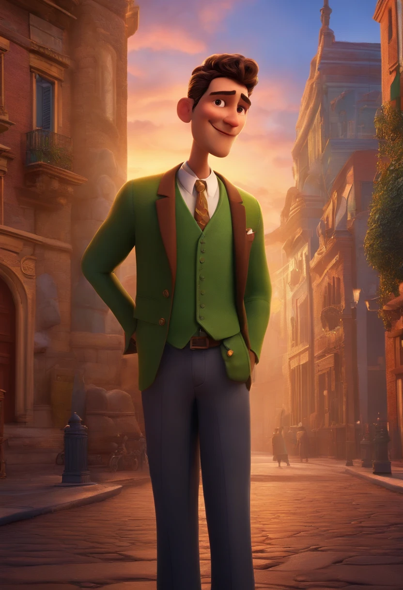 A city councilman looking at a dream project inspired by Pixar animation, de perto. The character takes center stage with captivating facial expressions, oferecendo um toque de irrealidade