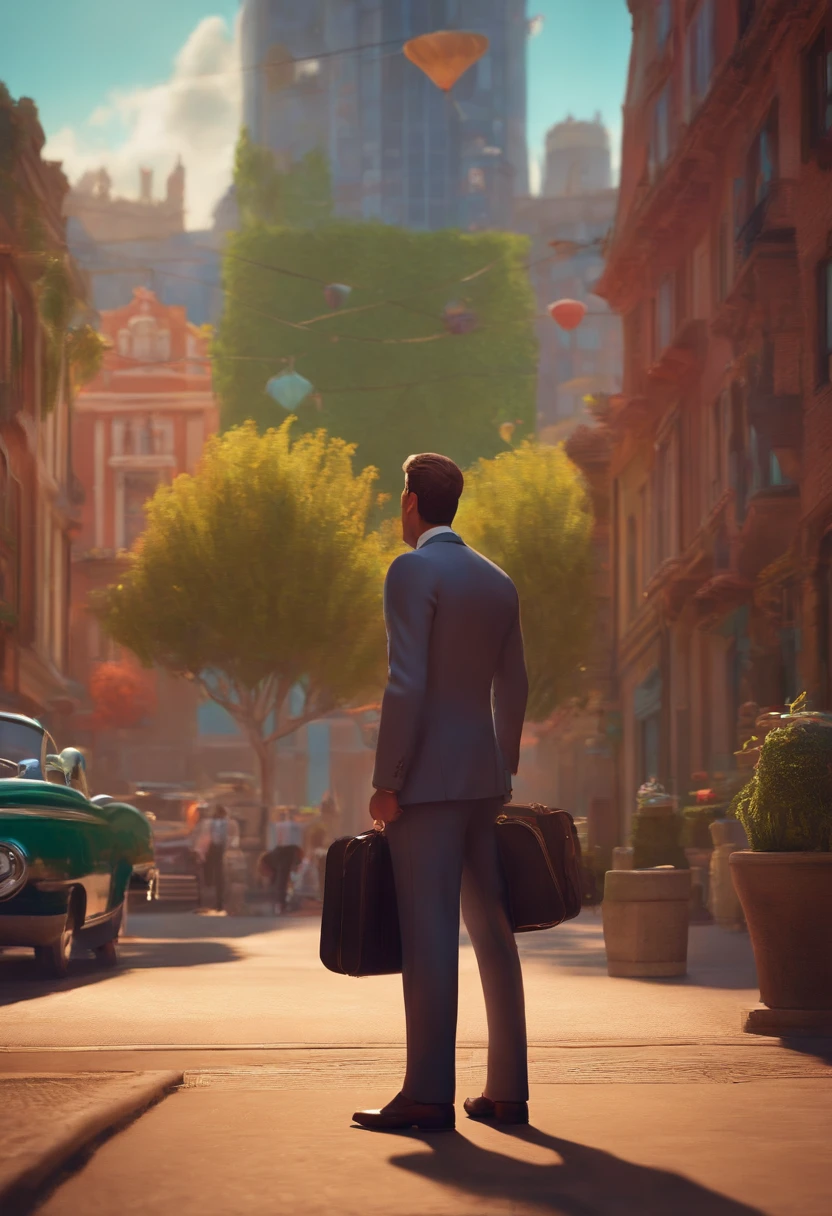 A city councilman looking at a dream project inspired by Pixar animation, de perto. The character takes center stage with captivating facial expressions, oferecendo um toque de irrealidade