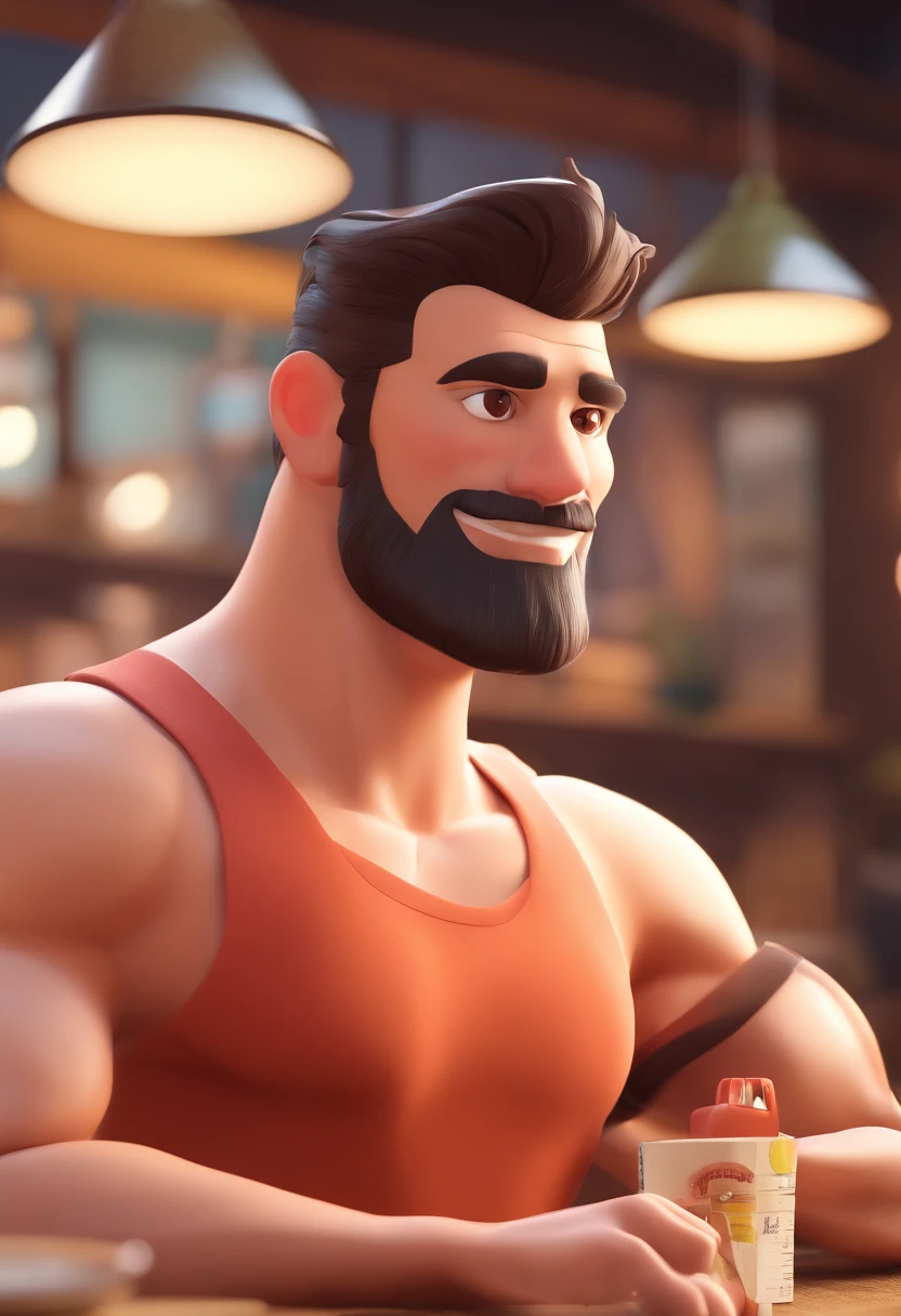 Estilo Pixar: Brown Eyes Muscular athletic man with dress cut hair 32 years old with short dark brown beard on chin worked in a Japanese sushima restaurant