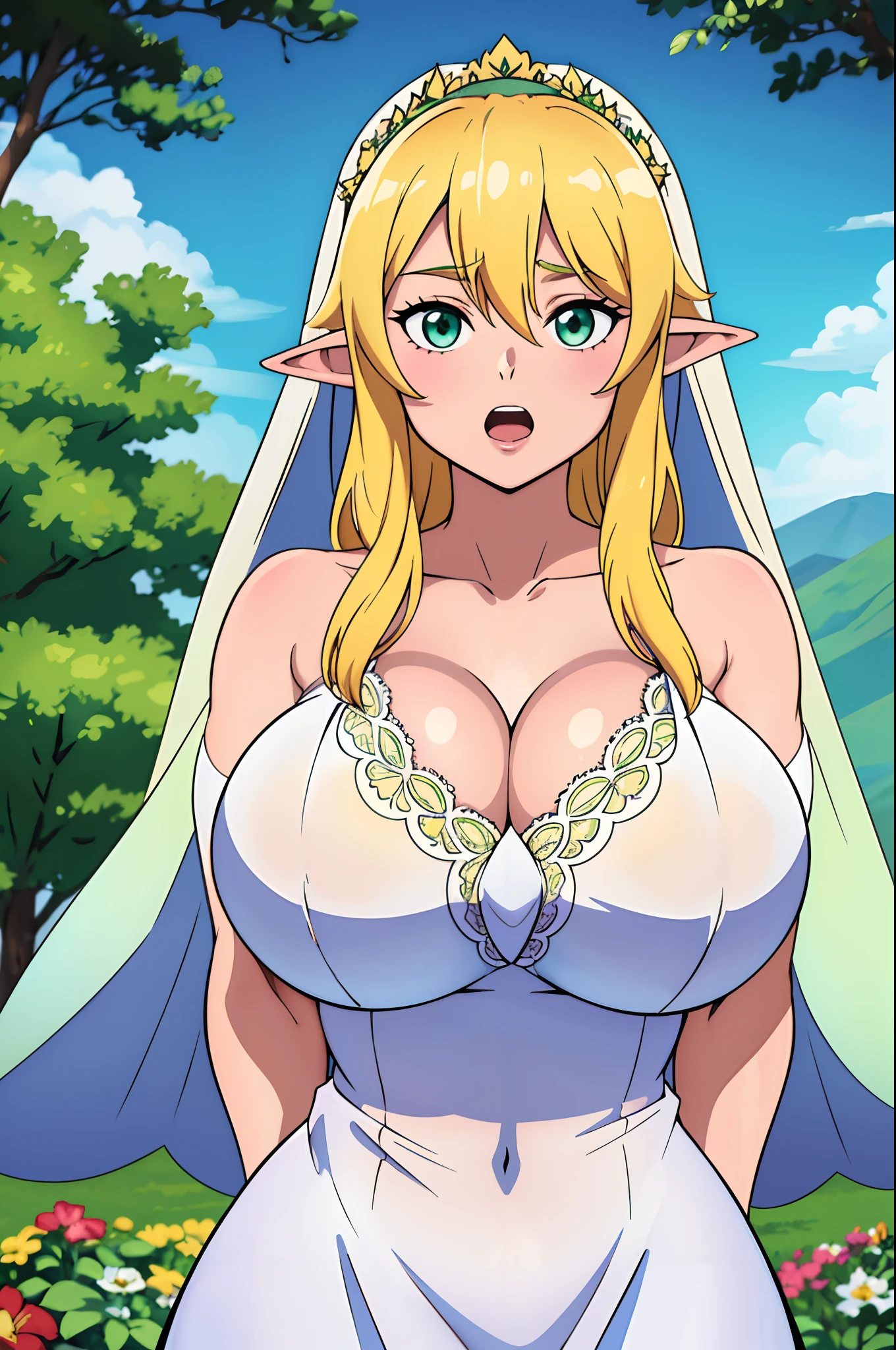 masterpiece, best quality, ultra-detailed, illustration, colorful, flat color, depth of field, lens flare, 1girl, leafa, blonde hair, green eyes, elf, anime, (shortstack), (shortstackBT), (closeup), (upper body), cowboy shot, looking at viewer, at forest, (bride, flowers, white bridal lace dress, veil, cleavage), short height, detailed skin texture, beautiful detailed face, open mouth, excited, inviting, seductive, alluring attire, collarbone, (gigantic breasts, massive breasts, huge breasts, curvy, voluptuous, curvaceous)