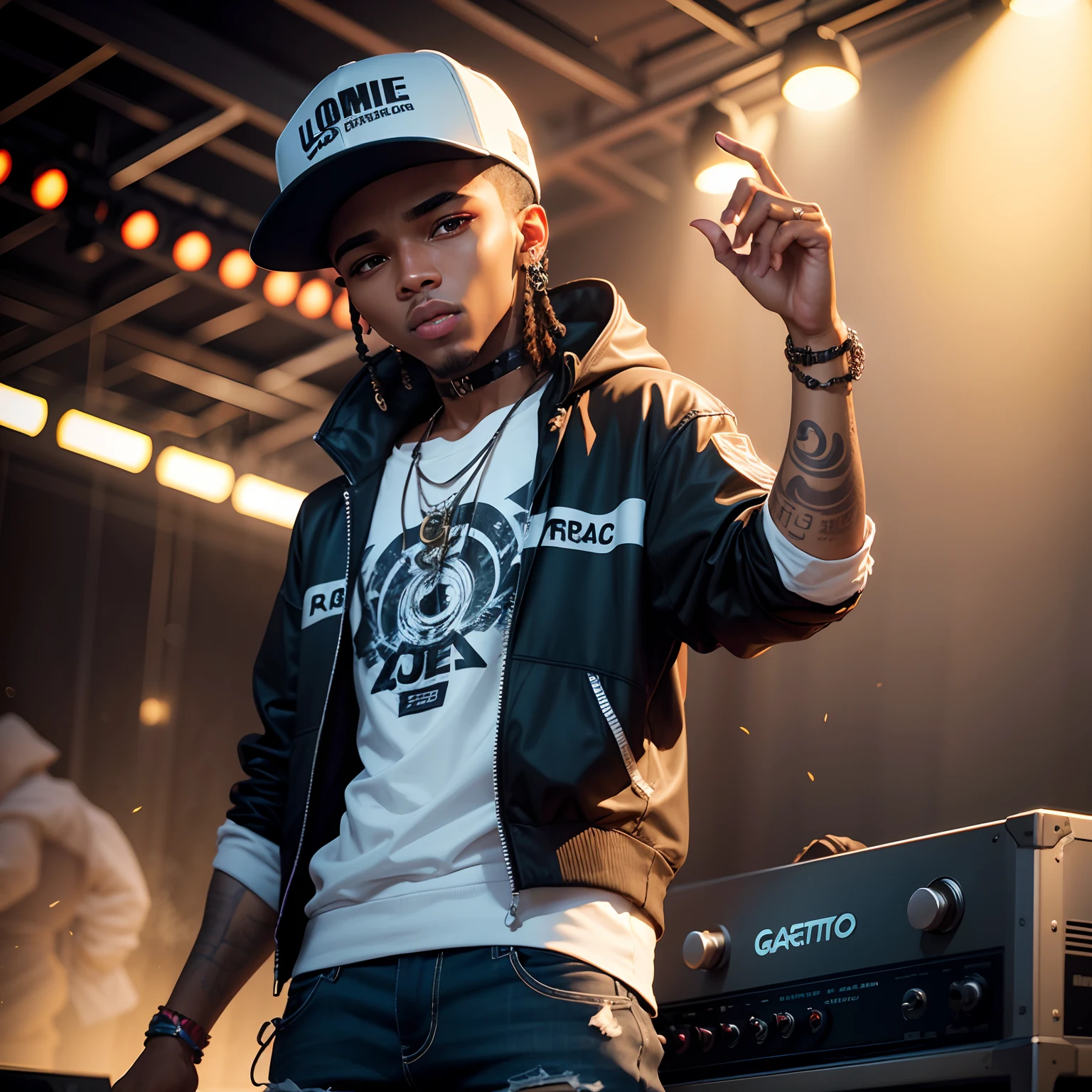 Futuristic studio with led lights 2 guys in hip hop clothes with tattoos recording 4K image