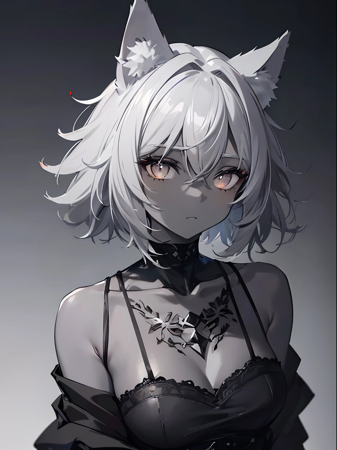 (masterpiece,best quality,ultra-detailed),1girl,black hair,dark gray hair,short hair,messy hair,(((coloured skin, grey skin))),small chest ,black top,((grey theme)),((pastel colours theme)),wolf ears