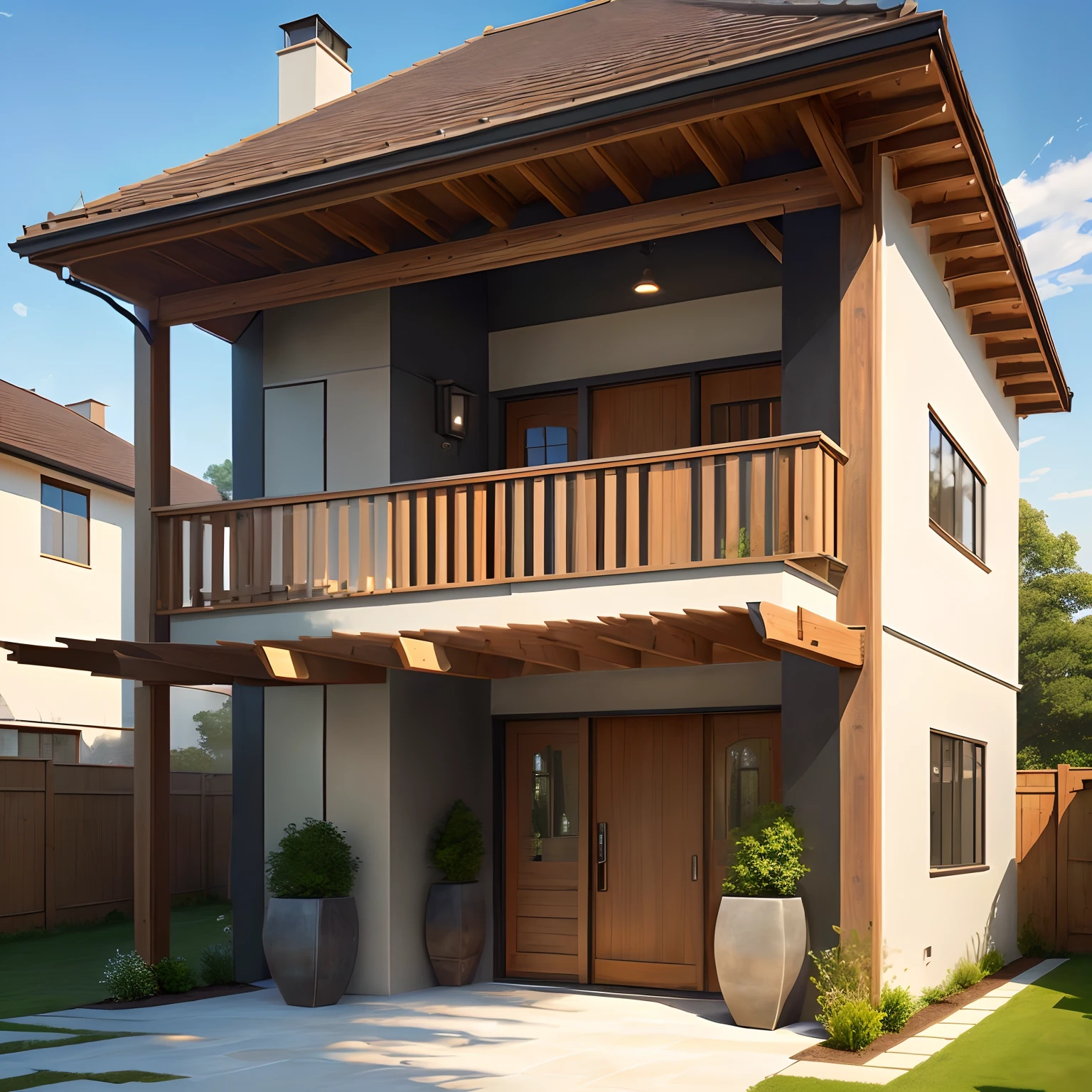 Create the facade of a modern house, combined with a pergola