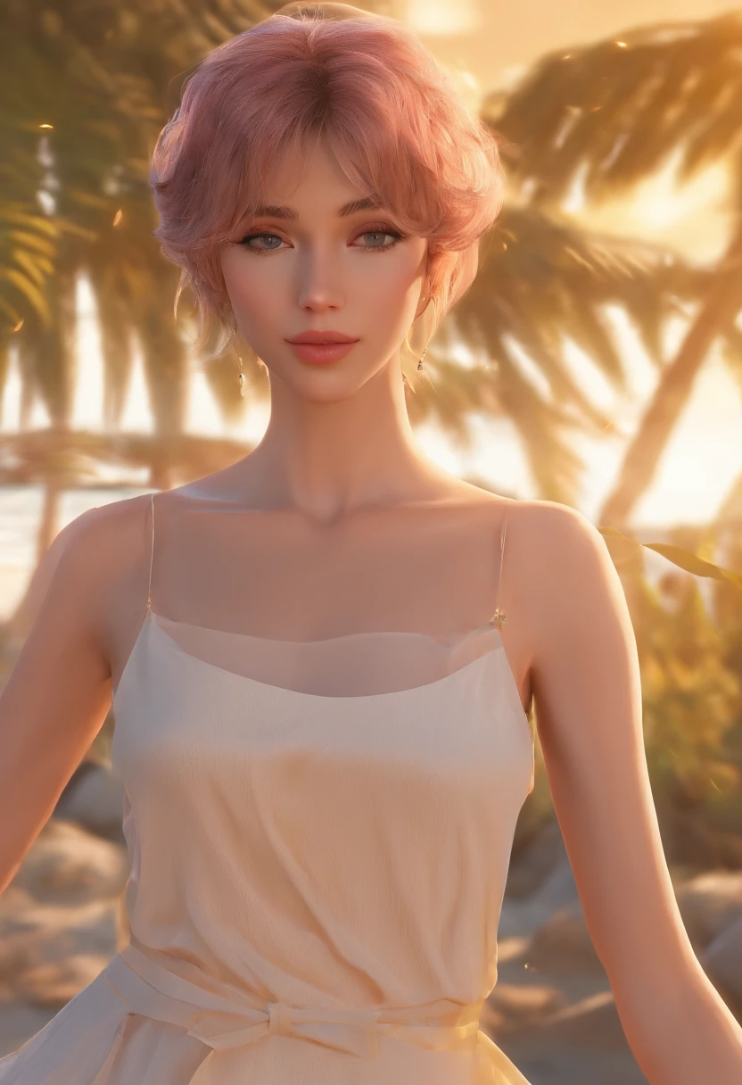 (NNLNNX_1985-1987_v1.4G:0.5), NNLNNX, short hair, (foco nítido:1.2), retremo, mulher jovem emraente, (beautiful face:1.1), Olhos detalhados, lush lips, (Maquiagem:1.2), (corpo apertado:1.2), Usando (vestido florido:1.2) em (a praia:1.2). (morning sun lighting:1.2), profundidade de campo, Bokeh, 4k, HDR. por (Tiago C. Christensen:1.2|Jeremy Lipking:1.1).