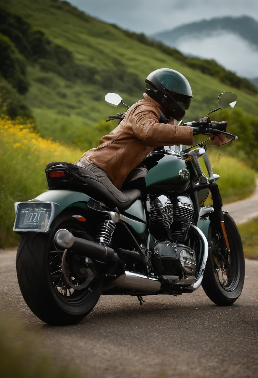 Estilo filme da Disney: Homem de all star montado em uma motocicleta custom suzuki andando por uma estrada de asfalto, com arvores, greenery and many fields around, with a view of the green mountains full of vegetation, sunrise lighting, dirigindo agradavelmente a motocicleta, cabelos castanho estilo pompador, oculos de grau quadrados e pretos. Um gatinho cinza junto na moto.