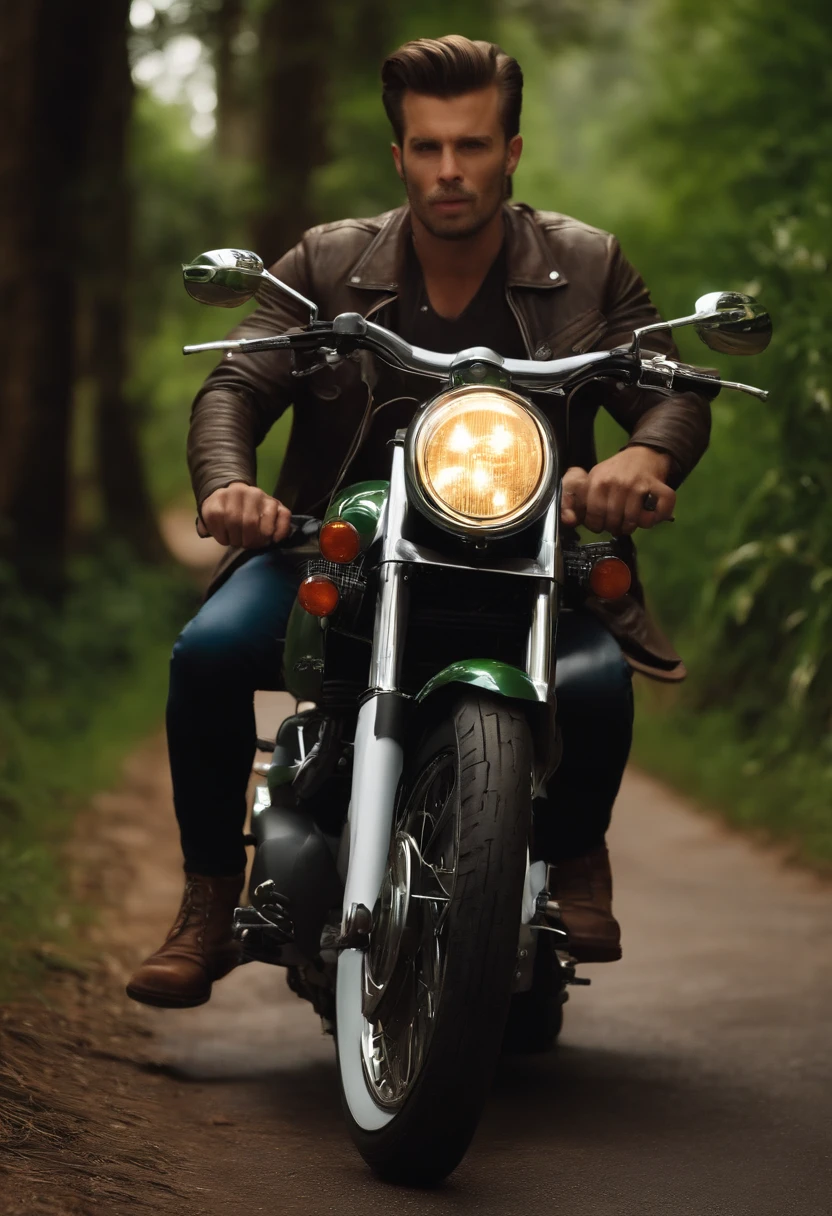Estilo filme da Disney: Homem de all star montado em uma motocicleta custom suzuki andando por uma estrada de asfalto, com arvores, greenery and many fields around, with a view of the green mountains full of vegetation, sunrise lighting, dirigindo agradavelmente a motocicleta, cabelos castanho estilo pompador, oculos de grau quadrados e pretos. Um gatinho cinza junto na moto.