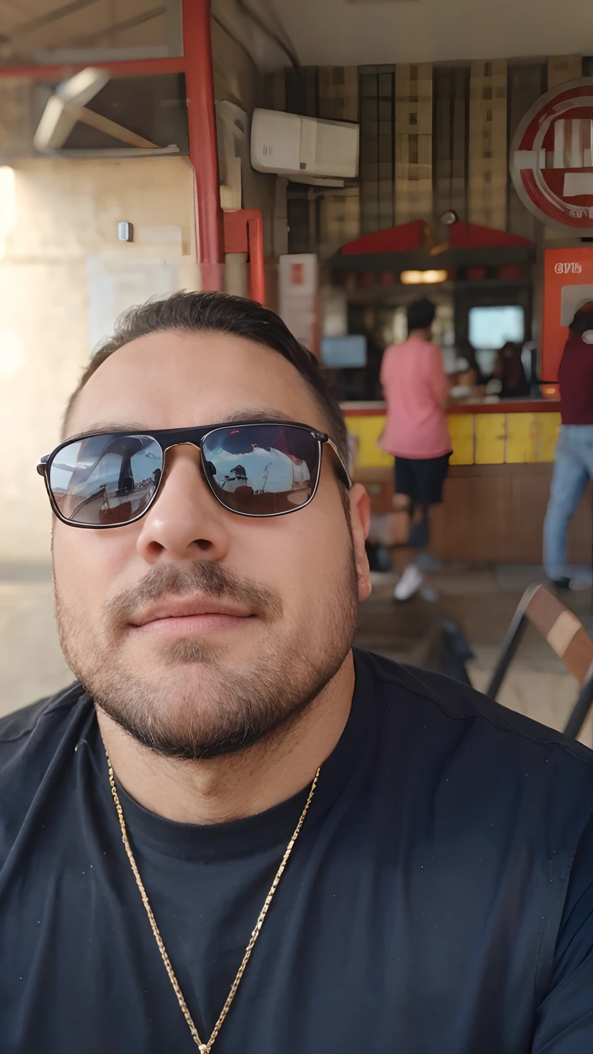 Man in glasses golden chain black shirt full small beard