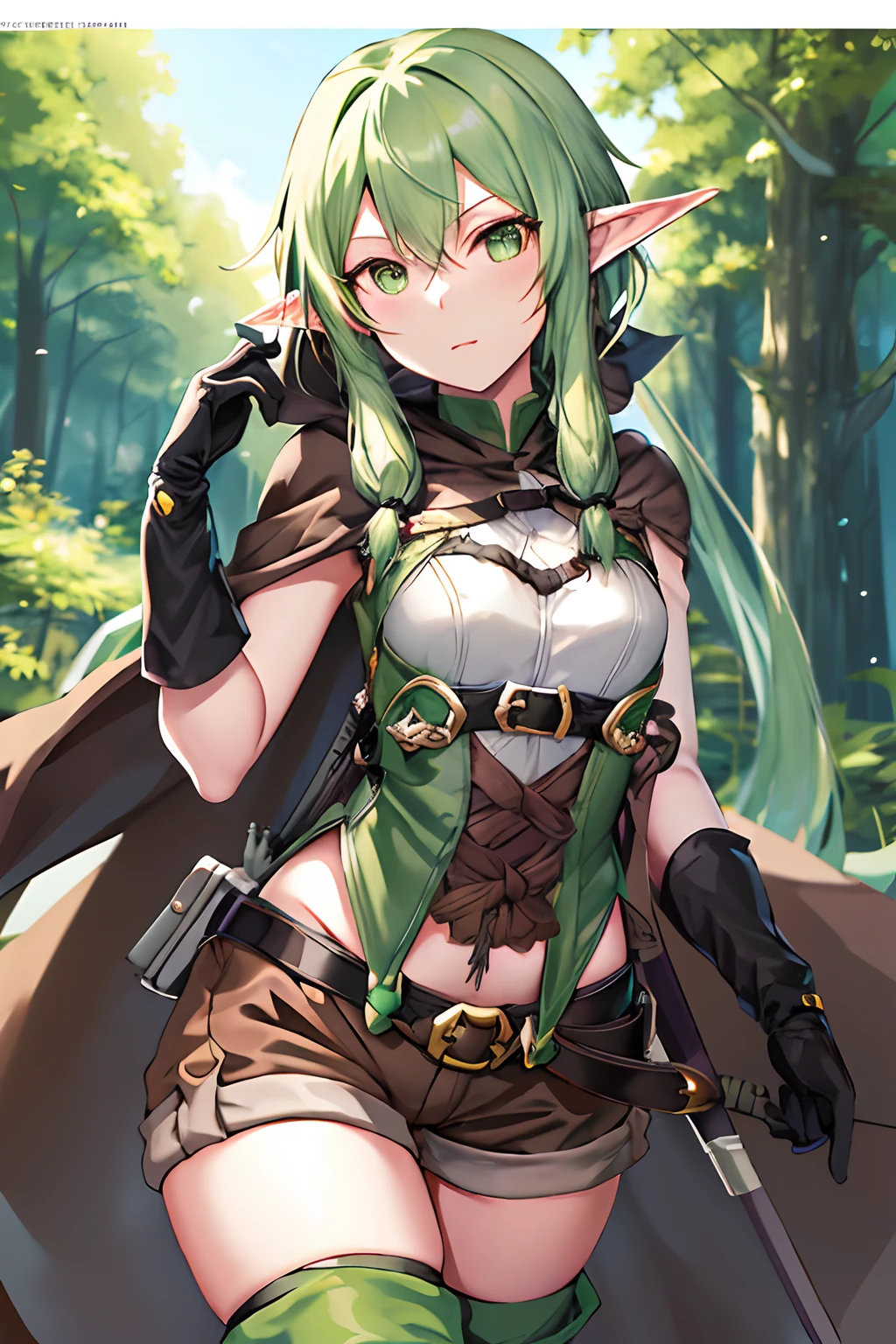 epic composition, hight resolution, Sitting on the grass, portraite of a, The whole face, Anime Art Wallpapers 8K, beatiful face, The body is completely, Masterpiece, Best Quality, hight resolution, 1girl, stands in full growth, elf, pointed ears, green hair, hairlong, Green eyes, Hair Bow, black gloves, brown shorts, side locks, cloak, Green thighs, Short shorts, belt, small voluminous breasts, Average Breasts, Standing, Smile, (Masterpiece, Best Quality:1.2), Cowboy shot, 独奏, 1girl, Alleyn, elf, expressionless, looking a viewer, side braid, beret, cape, Upskirt, thights, thights, green shoes, thigh boots, elbow gloves, midriff, cleavage, Alleyn, elf, side braid, large breasts, blonde hair, blue eyes,