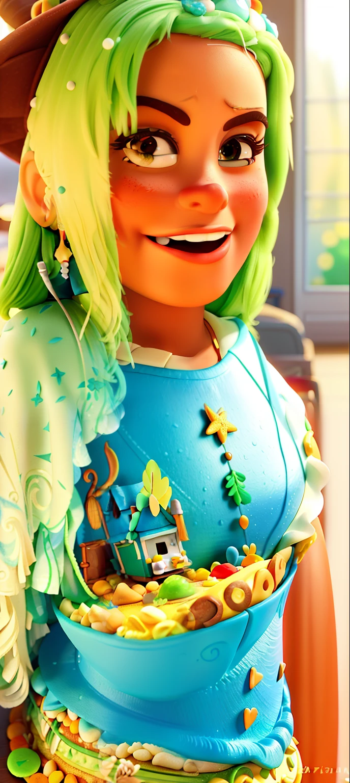Poster 3 D inspirado na Disney Pixar, A confectioner woman illuminated by the light of a lamp, com pele clara,cabelos marrom, olhos marrom,avental verde musgo contra o pano de fundo de uma confeitaria, Woman is making a cake in cream, na mesa tem batedeira, Cupcakes, Brownies e Morango