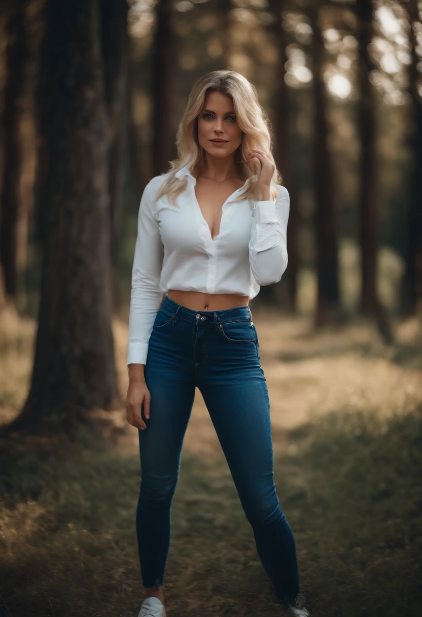 realistic white female instagram influencer, (high_resolution:1.2), blonde, 1 girl, blue eyes, in tight blue jeans with a white shirt, (perky small breasts:1.2)