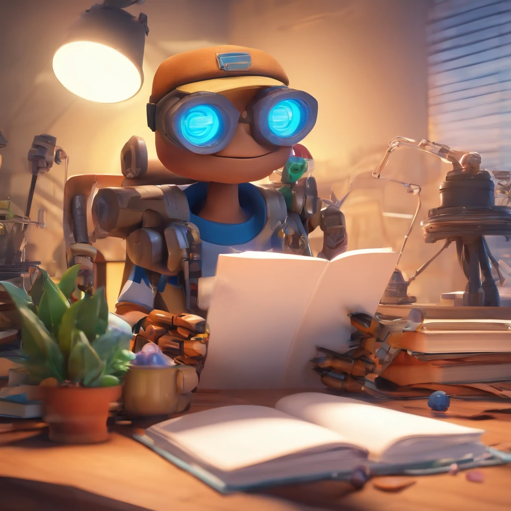 Crie um cartaz inspirado na Disney Pixar com o personagem sendo um homem de cabelos castanhos e mecha branca, wearing goggles, In an office with a book on the table