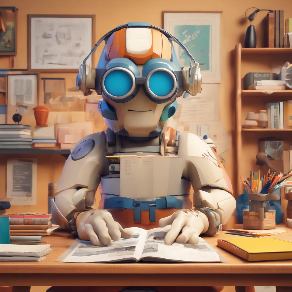 Crie um cartaz inspirado na Disney Pixar com o personagem sendo um homem de cabelos castanhos e mecha branca, wearing goggles, In an office with a book on the table