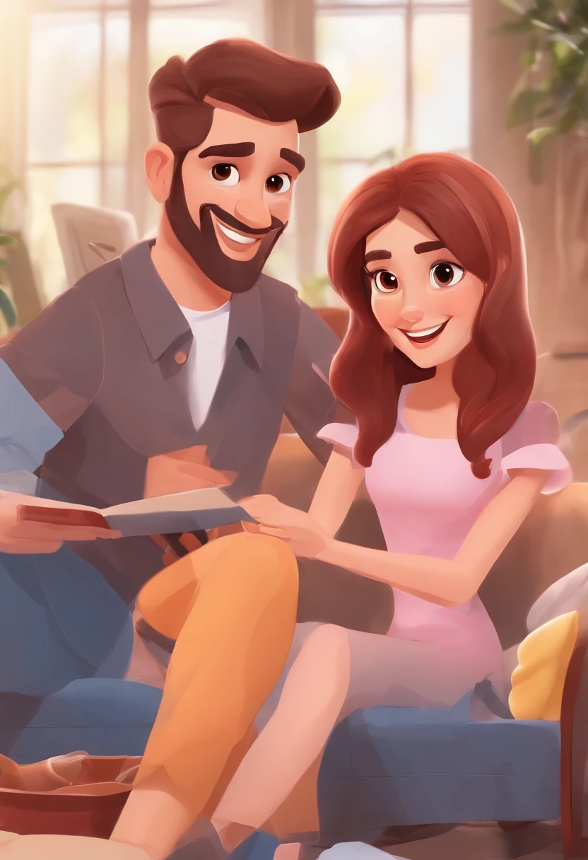 An illustration of an adorable couple, Destaque para um homem branco magro com nariz um poco grande e sorridente e uma mulher morena clara com lindos olhos expressivos, round nose - the man's skin is white and the man's hair short and dark, while the woman's skin is brown and the woman's hair is straight and red . They are a bright room, cada um com um sorriso no rosto, e compartilhar um momento especial caracterizado pelo amor, Insights. Illustrate this scene from a perspective where they are facing the camera, Smiling and Showing Your Connection. Desenvolva esta arte em Full HD, Focus on your cinematic touch, Estilo Disney Pixar Animations