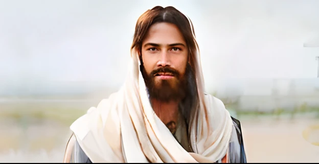 Man with beard and white shawl on his head, Jesus Christ, dressed as Jesus Christ, Jesus of Nazareth, face of Jesus, Greg Olsen, Jesus, Nicodemus, portrait of Jesus Christ, Lord and Savior, He is greeting you warmly.