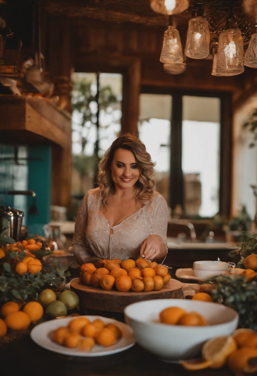 mulher 39 anos branca loira gordinha em uma cozinha fazendo bolo confeitado