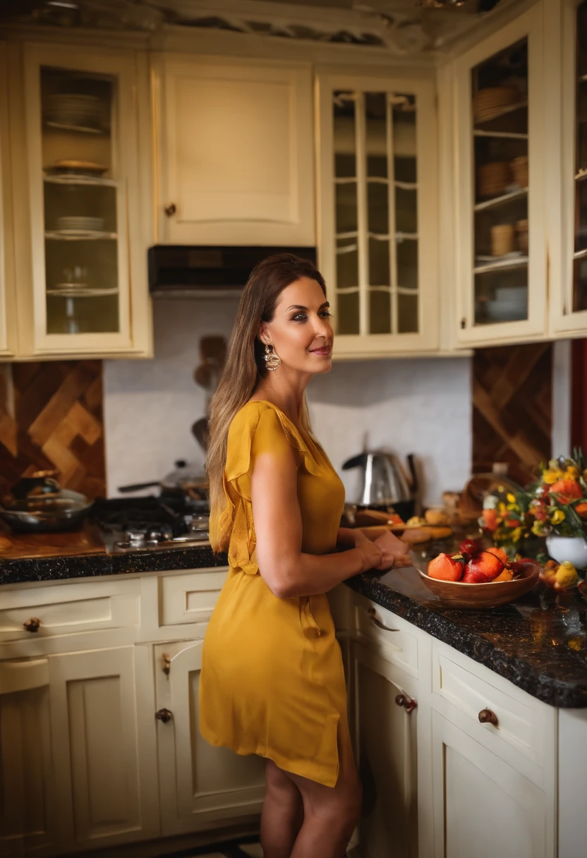 mulher 39 anos branca loira gordinha em uma cozinha fazendo bolo confeitado