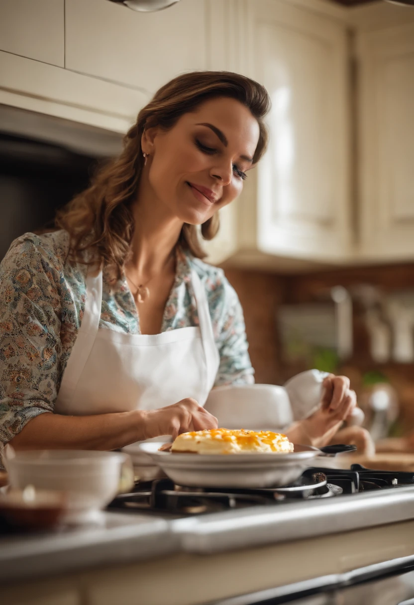 mulher 39 anos branca loira gordinha em uma cozinha fazendo bolo confeitado