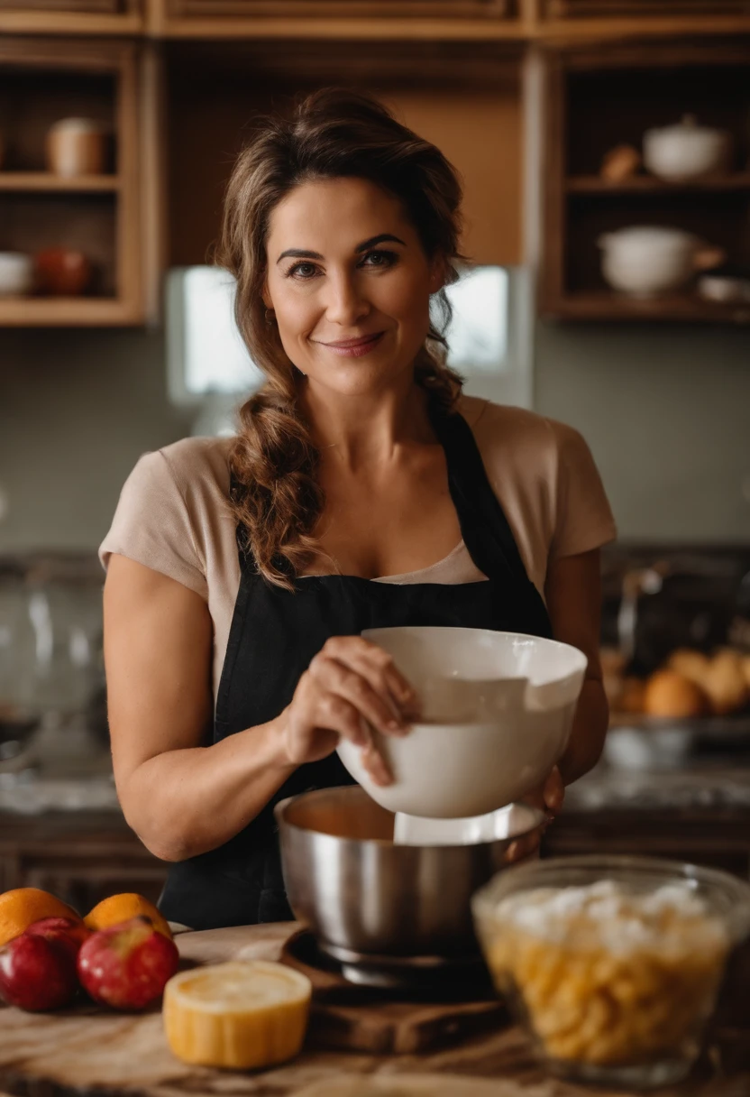 mulher 39 anos branca loira gordinha em uma cozinha fazendo bolo confeitado