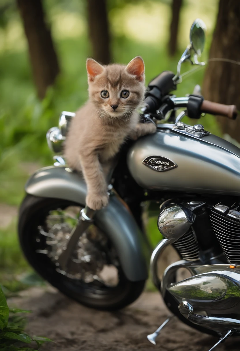 Estilo filme da Disney: Homem pouco gordo de allstar montado em uma motocicleta custom suzuki andando por uma estrada de asfalto, com arvores, greenery and many fields around, with a view of the green mountains full of vegetation, sunrise lighting, dirigindo agradavelmente a motocicleta, cabelos castanho estilo social, oculos de grau quadrados e pretos. A gray kitten is together on the motorbike