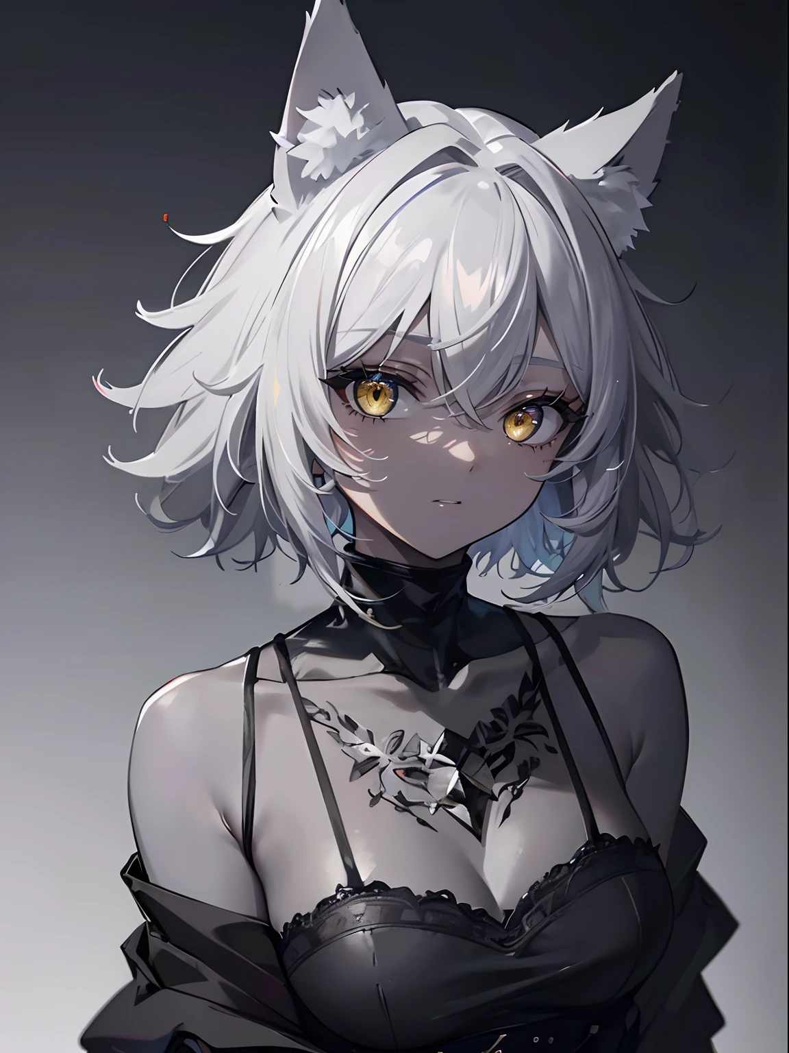 (masterpiece,best quality,ultra-detailed),1girl,black hair,dark gray hair,short hair,messy hair,(((coloured skin, grey skin))),small chest ,black top,((grey theme)),((pastel colours theme)),wolf ears