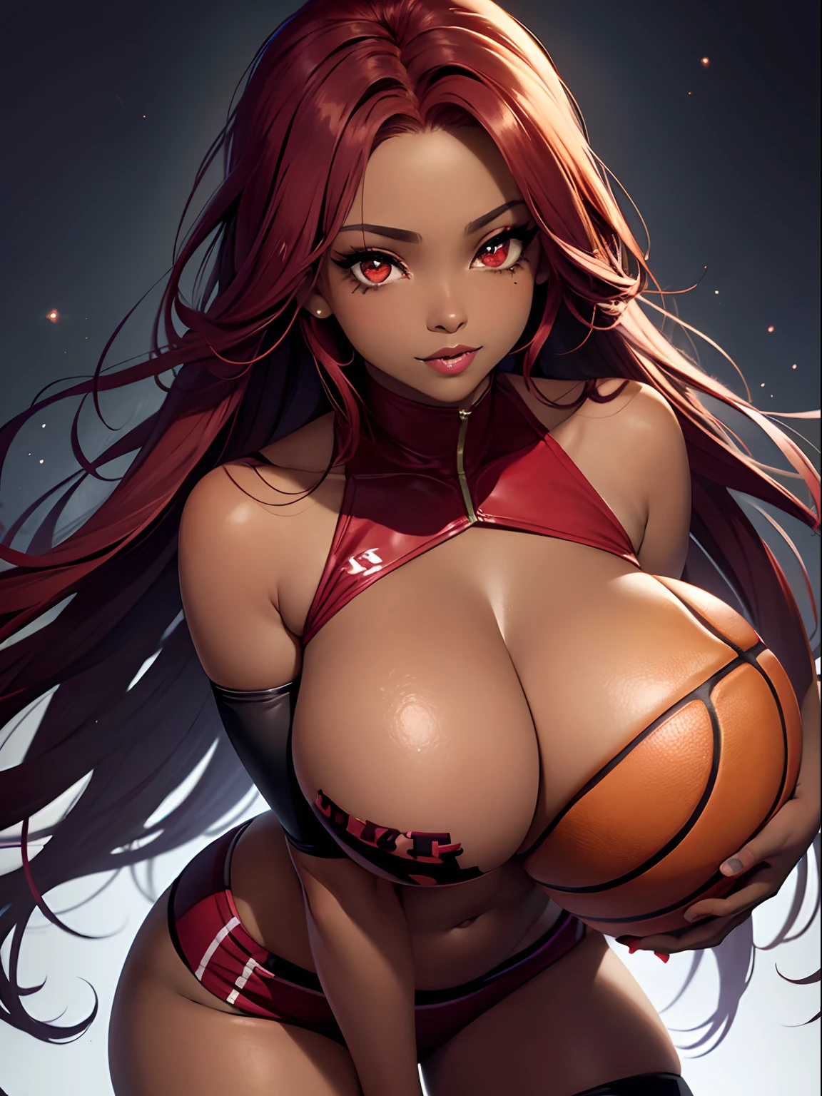 dark-skinned female++++, detailed eyes, sparkling eyes, close-up , red eyes, full lips, +thick lips, +full lips, big breast, red hair, belly piercing,,long hair, flat stomach, long eyelashes, lipgloss, smirk, vampire, fangs+++ , basketball outfit, basketball, basketball,looking at viewer , bending down, HD++ , halloween