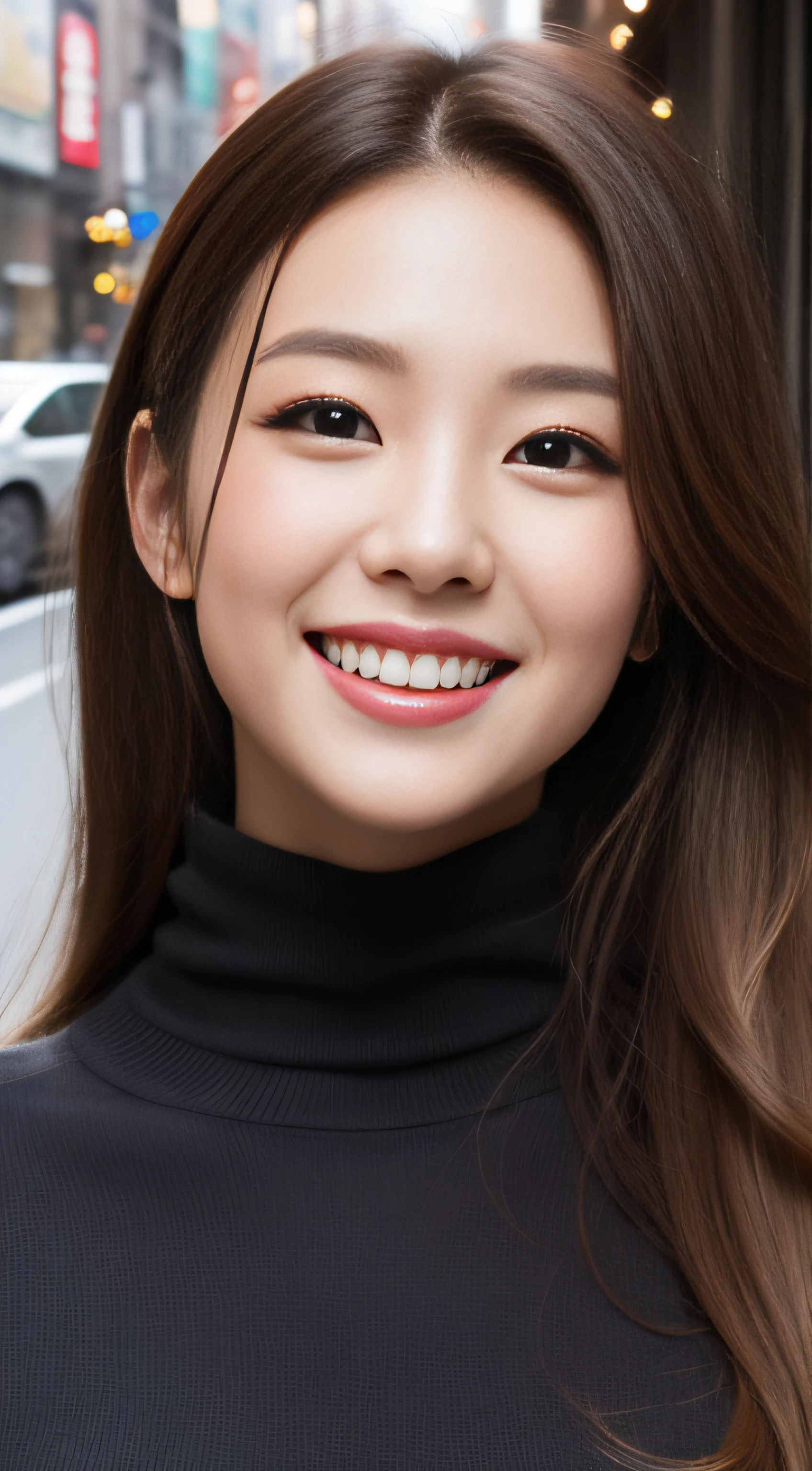 The face is a hostess、Wear a turtleneck sweater、hiquality、A hyper-realistic、healthy、Smiling expression、Slender perfect figure、Japan beauties、beautidful eyes、face perfect、Beautiful skin、The upper part of the body、Christmas、street