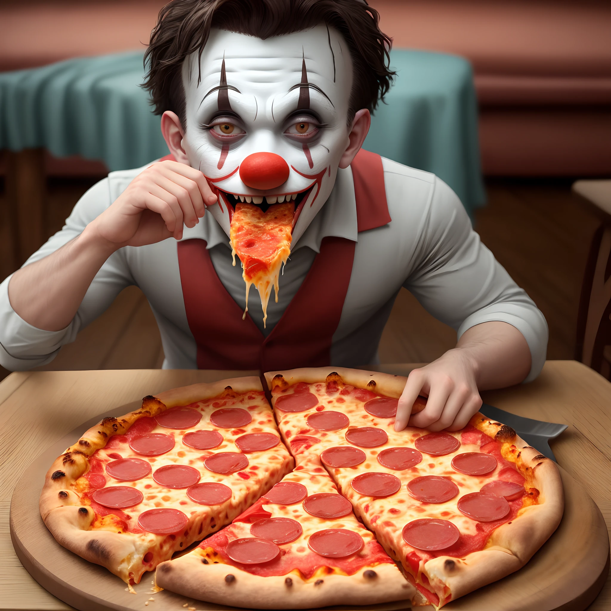 Clown from the movie It Scary eating a delicious pepperoni pizza with cheese on a wooden table