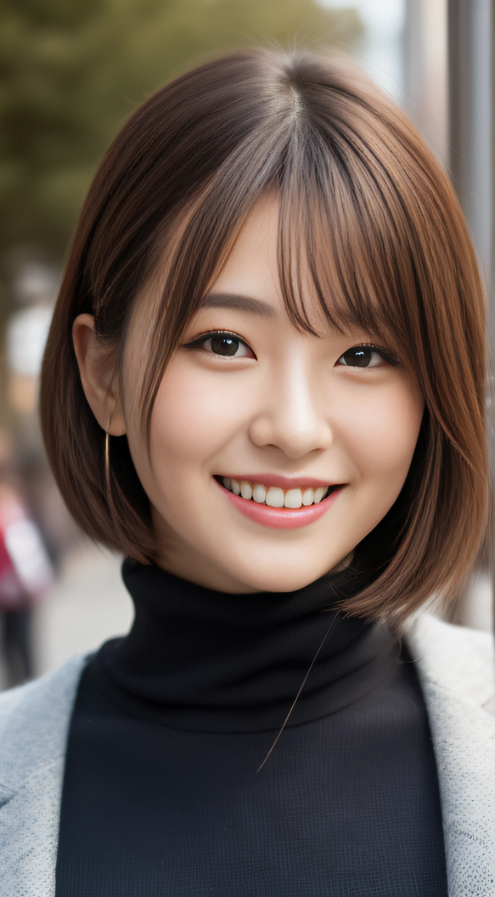 The face is a hostess、Wear a turtleneck sweater、hiquality、A hyper-realistic、healthy、Smiling expression、Slender perfect figure、Japan beauties、beautidful eyes、face perfect、Beautiful skin、The upper part of the body、Christmas、street