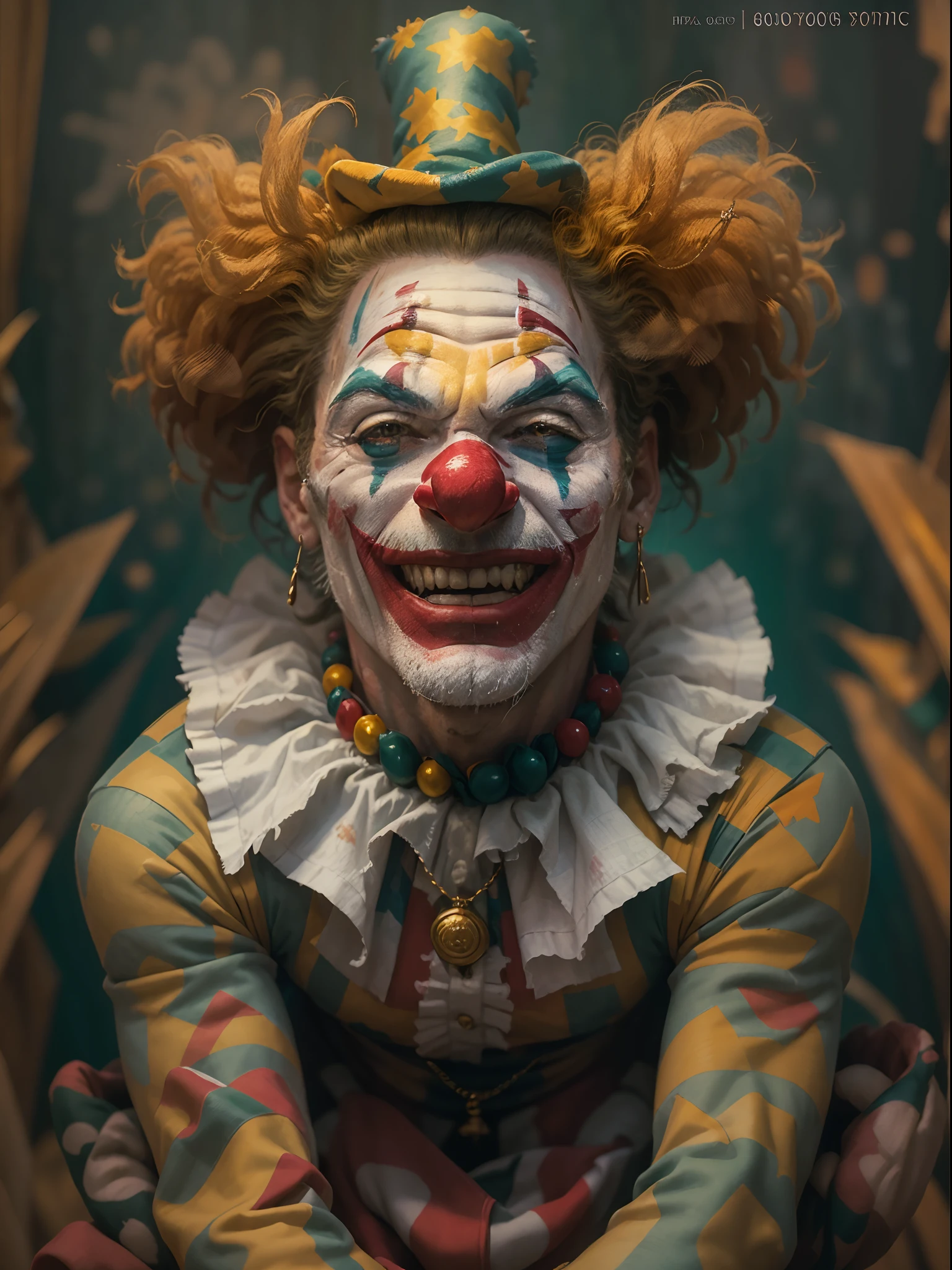 ((best quality)) , ((masterpiece)) , (detailed) , cinematic shot of an athletic Tudor (the clown:1.3) ,8k, intricate background, Golden ratio,  -samehumansubject- is very 70s Art and Verdant, he is wearing burlesque clothes, dancing, performing on stage, dynamic composition, 😤, he is laughing hysterically, Priest, he has Freelance hair, he has a Elite Sephardic tiger print amulet, Loathsome Body Piercings, warm roots and space, Foggy, Bokeh, Detailed illustration, Shameful, Cubism, Light caustics, 50mm, psychedelic colors, bold lettering, symbolism, realistic charming face, realistic and detailed, octane engine, trending on artstation, 8k resolution