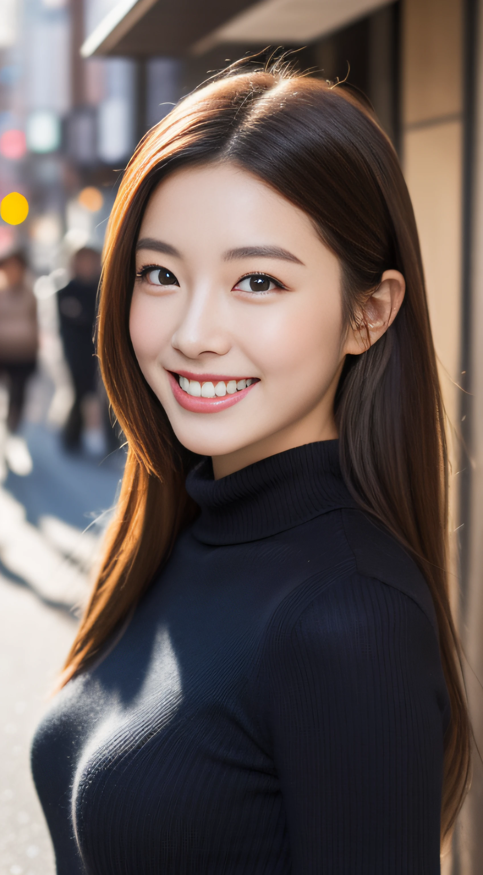 The face is a hostess、Wear a turtleneck sweater、hiquality、A hyper-realistic、healthy、Smiling expression、Slender perfect figure、Japan beauties、beautidful eyes、face perfect、Beautiful skin、The upper part of the body、Christmas、street